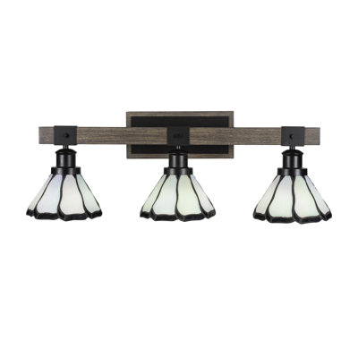 Barre d'éclairage de salle de bain 3 lumières Vanderford en noir mat et métal d'aspect bois peint peint avec verre de 7 po