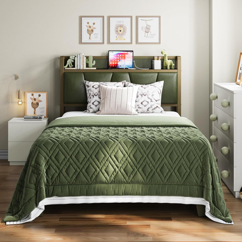 Green Twin Size Bed With Charging Station