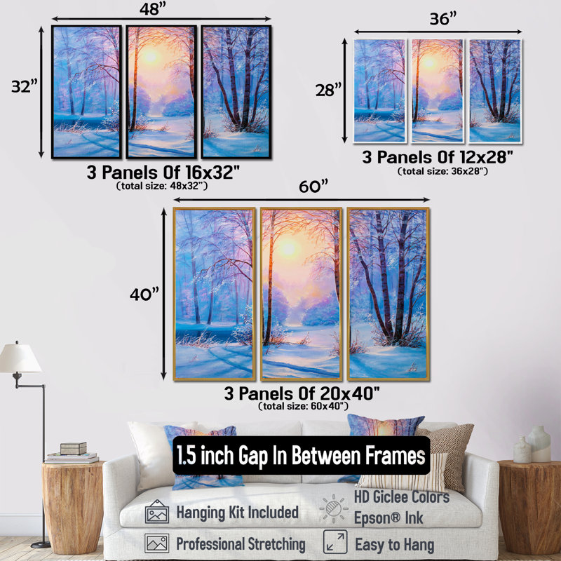 «Warm Sunshine Reflection over Winter Forest River III», reproduction de photo sur toile 3 pièces, H 40 po x l 60 po