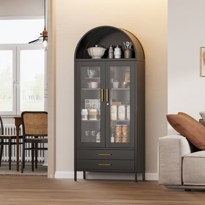 30,7 po X l 72,8 po X H 15,4 po D Vitrine en métal à 2 tablettes et 2 tiroirs, armoire arquée autoportante moderne, armoires antiques, armoires en porcelaine, bibliothèques, assemblage requis