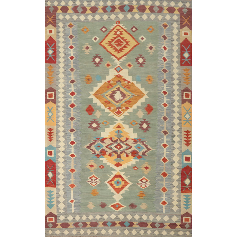 Tapis vert en laine vert tissé à plat 7 x 10