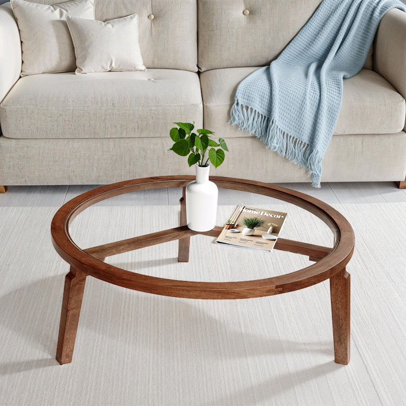 Transitional Solid Hand-made Glass/Mango Wood Round Coffee Table