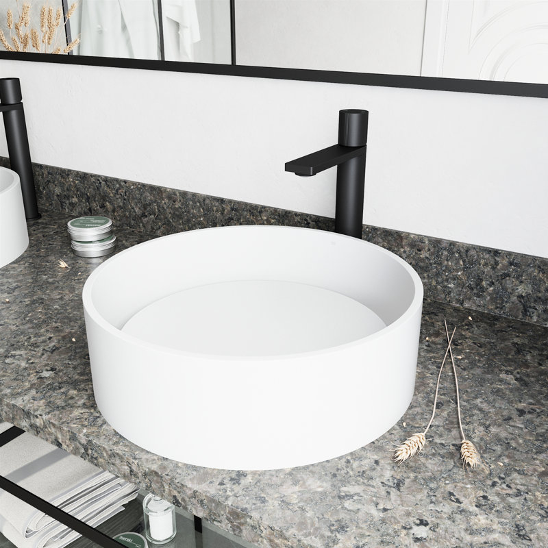 Anvil 16" L x 16" W x 5" H Round White Matte Stone Vessel Bathroom Sink with 12" H Faucet