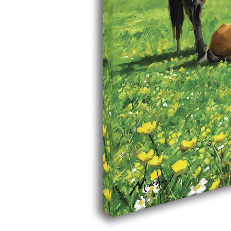 Large Green and Brown Canvas Art with Horses in Field