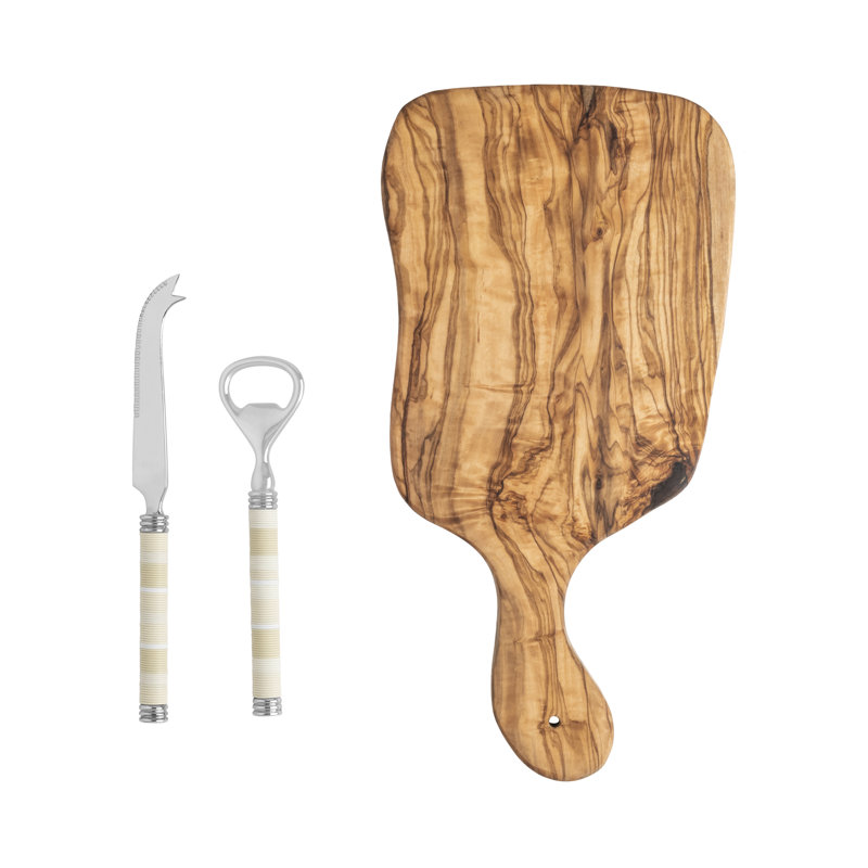 Ensemble de couteau à fromage, ouvre-bouteille et planche en bois d'olivier French Home - nuances de lumière, Crème