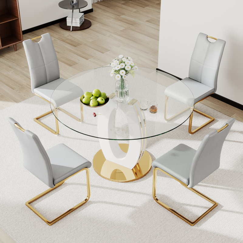 High Gloss Round Dining Table Set for 4-6, White/Gold, 5, Gray/Gold