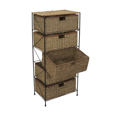 5 Drawer Seagrass Wicker Storage Tower with Handwoven Rattan Design and Strong Metal Frame