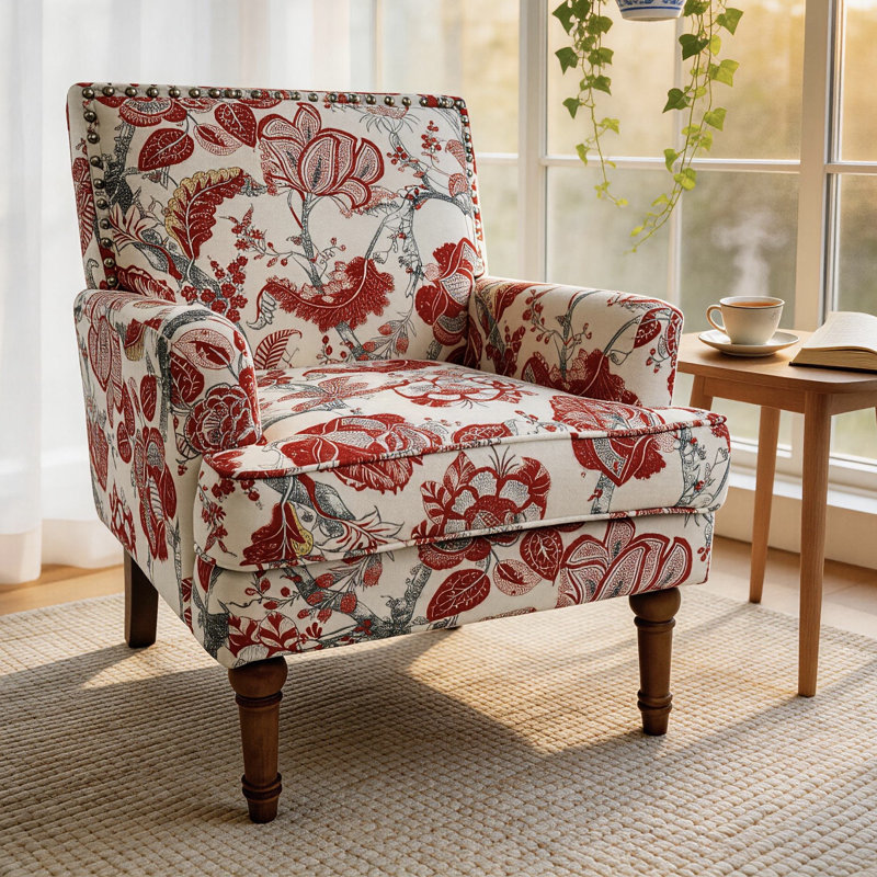 Fauteuil transitionnel rembourré à motif floral avec pieds en bois massif et garniture cloutée, Rouge