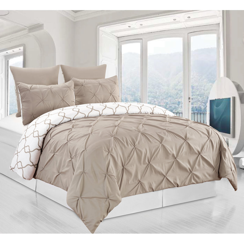 Elegant Reversible 3 Piece Pintuck Duvet Cover Set, Queen Duvet Cover + 2 Shams, Taupe