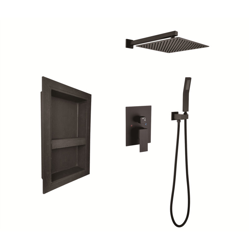 Shower System With Shower Head, Hand Shower, Hose, Valve Trim, Lever Handles And Niche, Matte Black