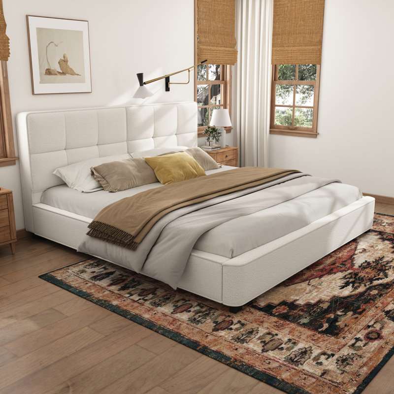 Maly Velvet Upholstered Platform King Size Bed With Curved Tufted Headboard, Beige Boucle