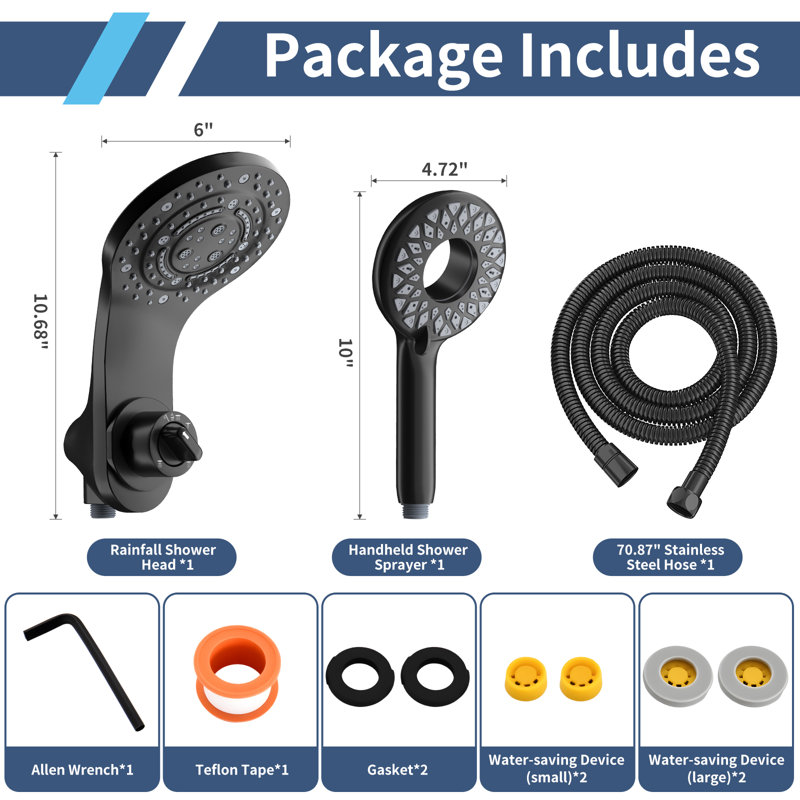 Mate Black Magnetic Dual Shower Head With Handheld Sprayer And Waterfall Mode, Matte Black
