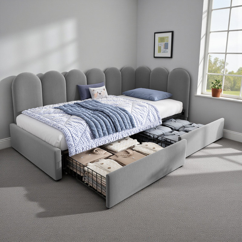 Velvet Upholstered 3FT Single Sofa Bed 90X190cm With Drawers Storage With Slatted Frame, Grey
