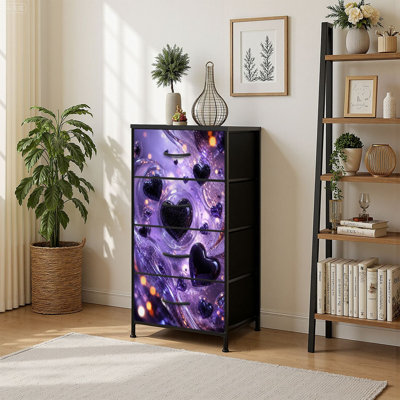 4 Drawer Vertical Storage Dresser Glittering Purple Hearts Abstract Cosmic Swirls with Wood Top Fabric Pull Drawers