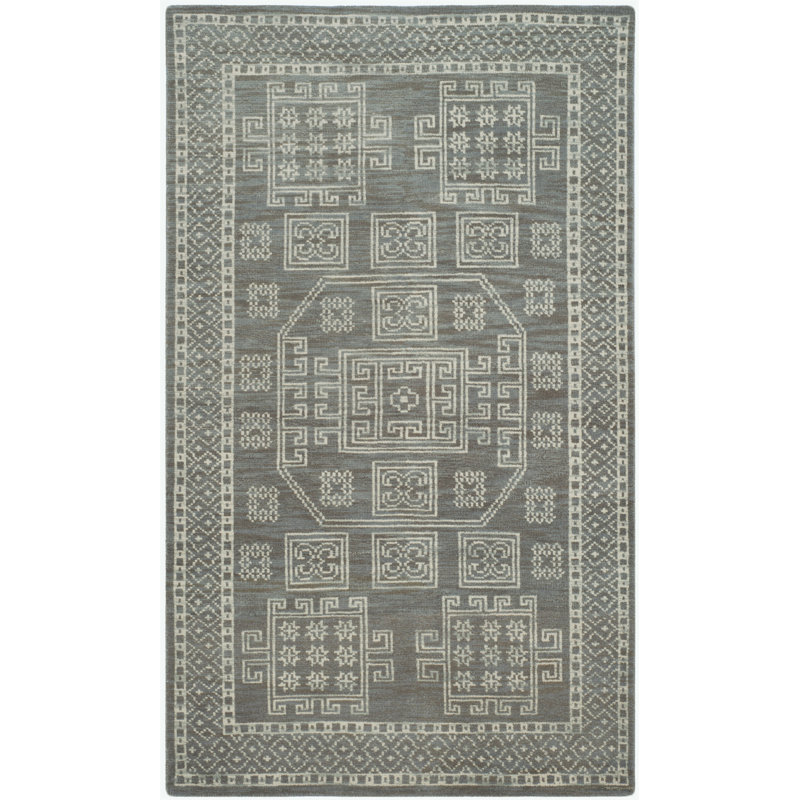 Tapis gris en laine / coton noué à la main Alimatou, Rectangulaire 3 pi x 5 pi