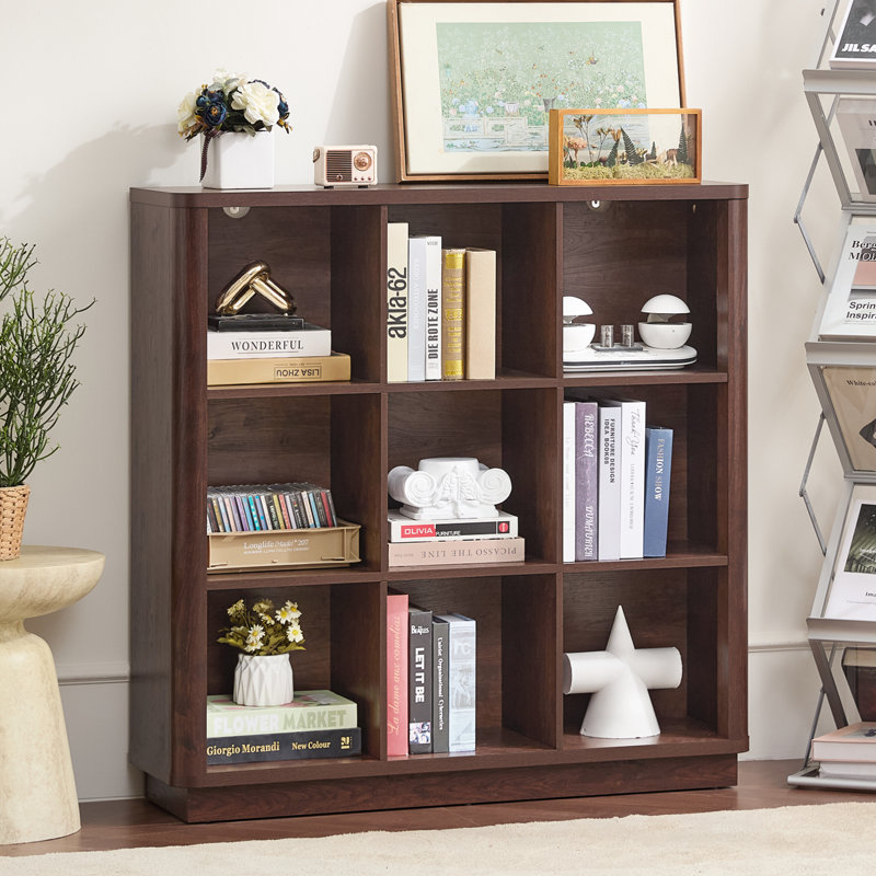 9 Cube Storage Book Shelf, 41" Tall Organizer Bookcase With Curved Edge, Wood Floor Standing 3-Tier Cubby Bookshelf With Base, Vintage Display Book Case For Bedroom, Office