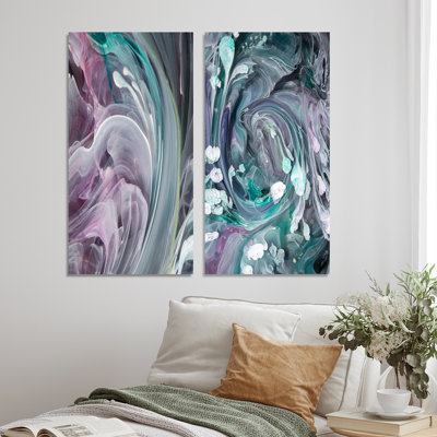 Ensemble de 2 peintures sur toile - Turquoise et mauve liquide Art IV