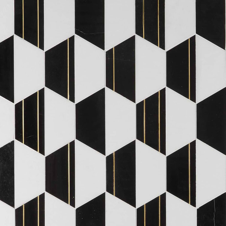 Fuse 6" Hexagon Polished Marble And Brass Inlay Mosaic
