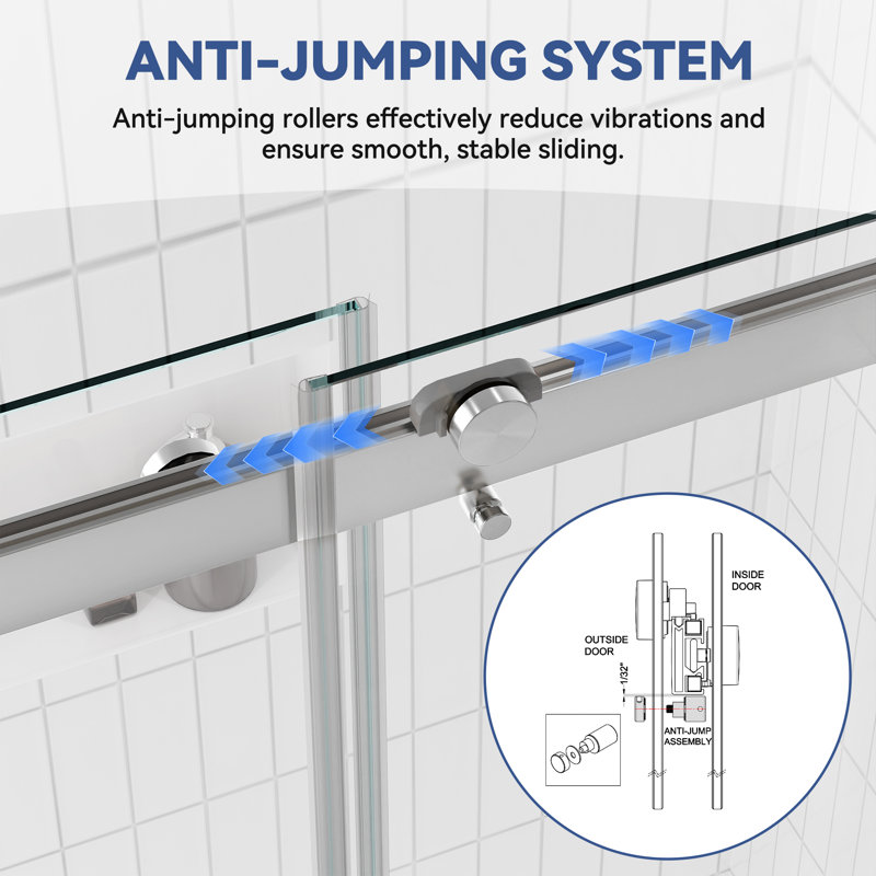 55-59＂W x 75＂H Frameless Double Sliding Shower Door, 5/16＂Tempered Glass Bathroom Shower Door, Brushed Nickel