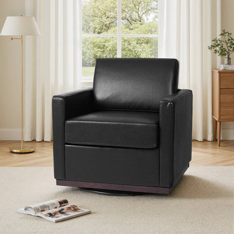 Modern Upholstered Black Faux Leather Square Swivel Armchair with Matel Base, Black Faux Leather