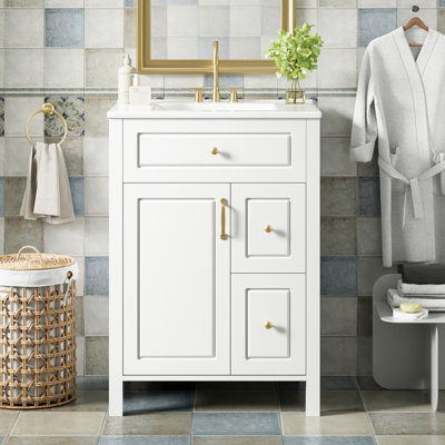 Meuble-lavabo de 24 pouces avec lavabo en céramique, 1 porte à fermeture en douceur, 2 tiroirs à fermeture en douceur et 2 supports de rangement sur la porte