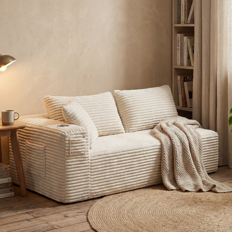 Canapé de 71 po de large avec accoudoir à droite et siège profond de conception asymétrique, Beige