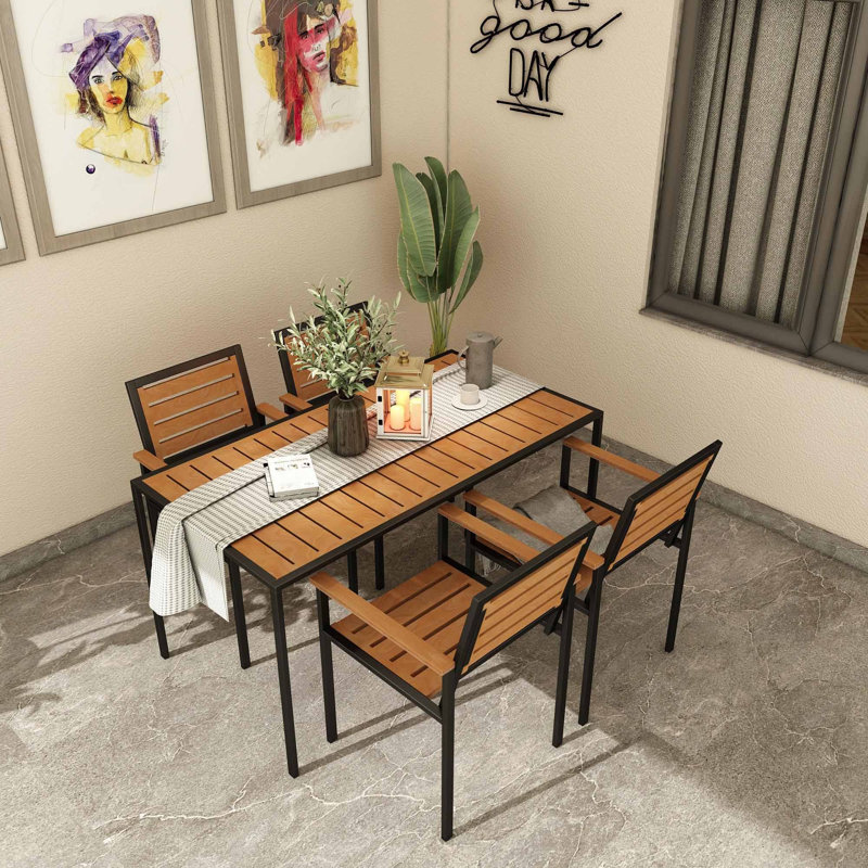 Ensemble de table et chaises de jardin 5 pièces, couleur teck, table 59,1 x 29,5 x 31,5 pouces | Chaises 21,7 x 17,7 x 17,7 pouces | 100% bois de pin et pieds en métal (1,5 mm d'épaisseur) | Design industriel élégant pour la détente en plein air