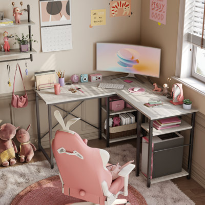 Aaleeyah L Shaped Farmhouse Computer Desk, 75 Inch Reversible Corner Office Desk with Shelves