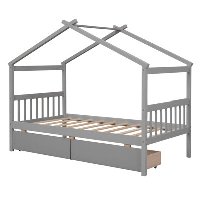 Lit maison en bois avec tiroirs, naturel