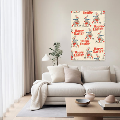 Happy Easter Bunny Pattern Playful Retro Vintage Spring Wall Art Print 1 Piece Wrapped Canvas Wall Art