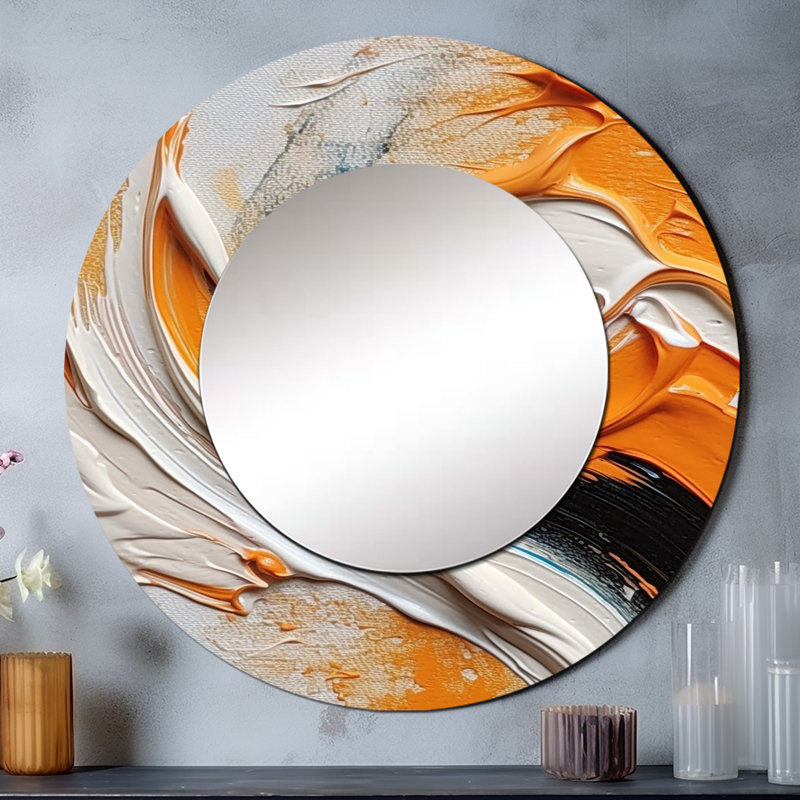 Orange et noir Mystic Spirals IV - miroir décoratif à spirales abstraites, grand miroir mural rond orange, impression d'art en métal