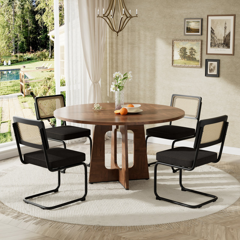 47 Inch Farmhouse Round Dining Kitchen Table Set for 4, Black, 5 Pieces: Table, 4 Chairs, Brown