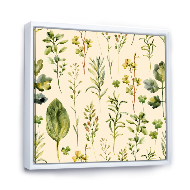 Meadow Weeds and Herbs II - peinture sur toile, Cadre flottant blanc, H 16 po x l 16 po x P 1 po
