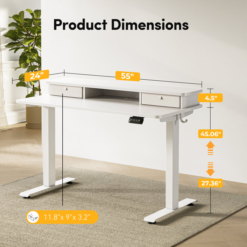 Eliuth Height Adjustable Standing Desk, 46" H x 55" W x 24" D, White