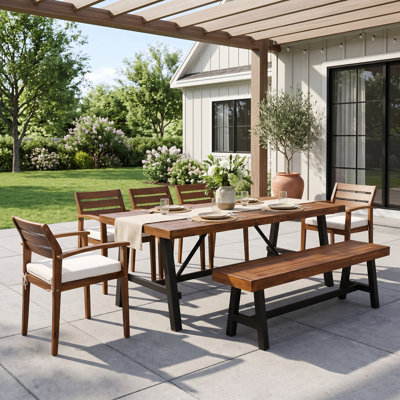 7-8 Person Outdoor Wooden Dining Set With Removable Cushions, Ergonomic Chairs And Bench, Sturdy Thick Table For Patio, Garden, Natural