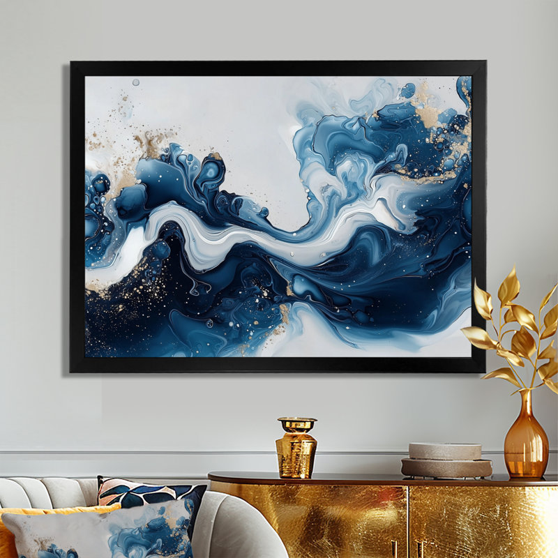 Or et bleu céleste fluidité I - encre liquide, art mural, Cadre simple, Noir, noir, noir, noir, H 12 po x l 20 po