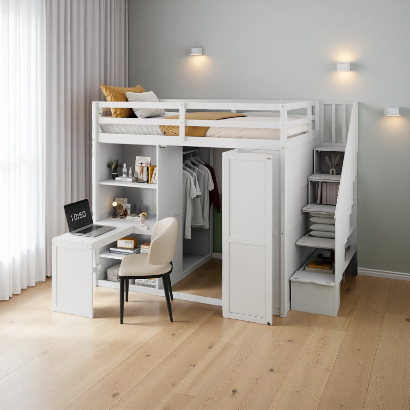 Lit mezzanine double avec garde-robe, bureau et tablettes, Blanc
