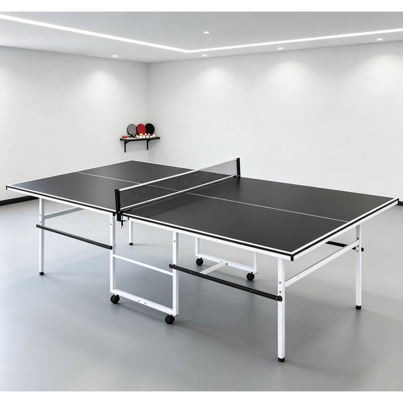 96" Portable Foldable Ping Pong Table, Modern Tennis Table with Clamp-Style Net & Rolling Wheels for Game Room, Patio & Garage