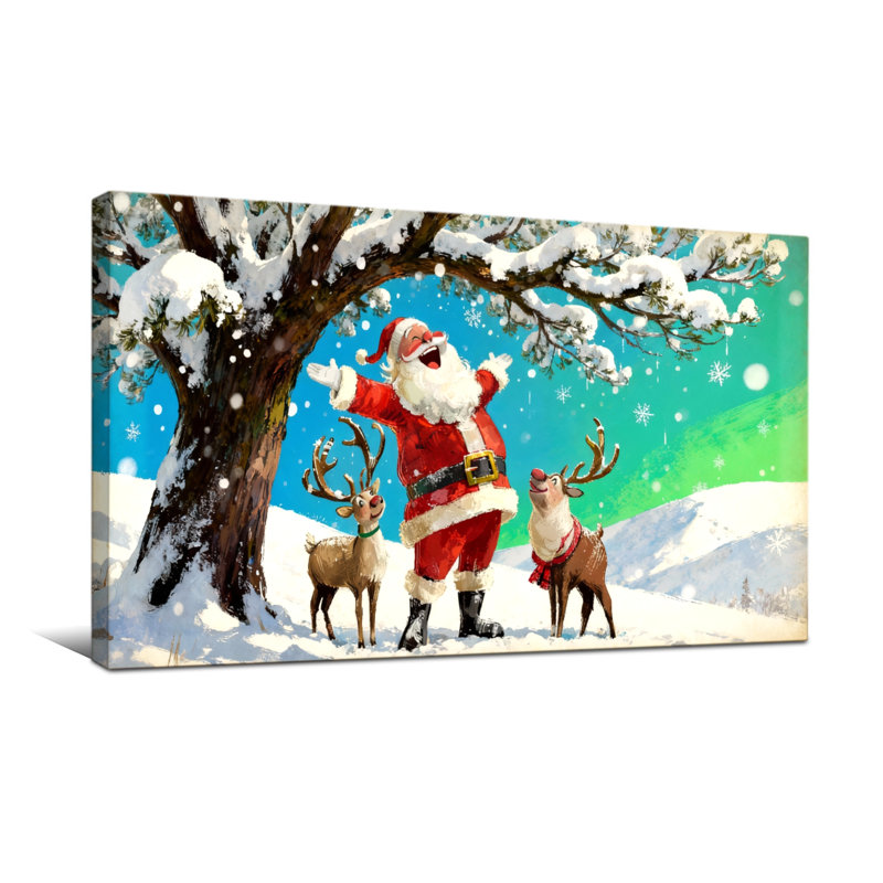 Noël père Noël avec renne dans un paysage enneigé, H 16 po x l 32 po