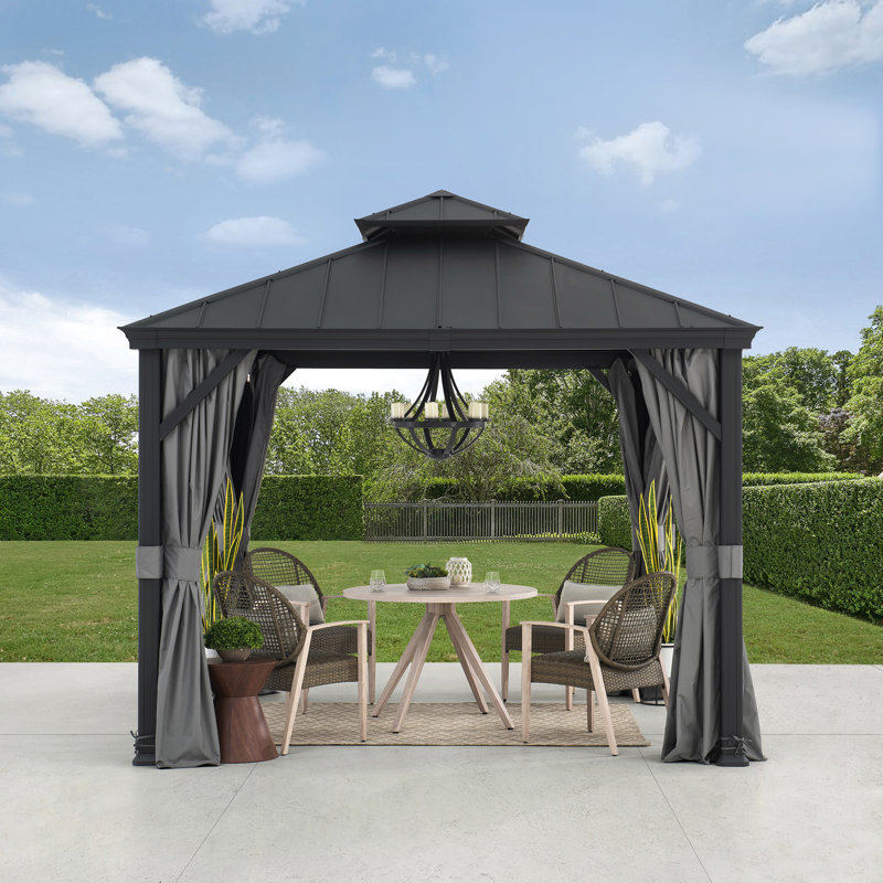 Sunjoy 10 ft. x 10 ft. Black Aluminum Frame Gazebo with Gray Curtains