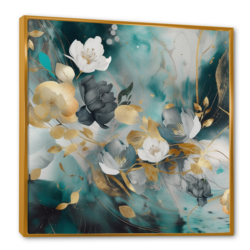 Fleurs de marbre doré bleu III - impression sur toile florale, H 30 po x l 30 po, Cadre flottant doré