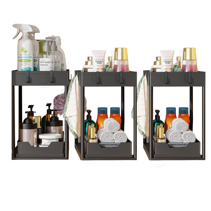 Ensemble de 3 paniers de rangement coulissants, sous-éviers / armoires et rangement pour salle de bain et cuisine, Noir