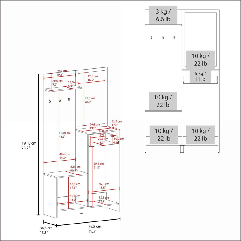 Arbre d'entrée avec 4 tablettes, tiroir et amp; Miroir - Chêne naturel | Panneau de particules | Portemanteaux
