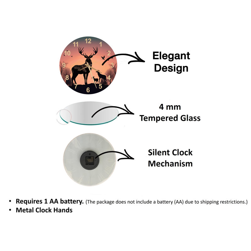 Horloge murale silencieuse en verre trempé 24 po Wildlife, Noir