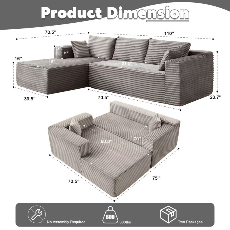 110" Wide Corduroy L Shape Sectional Couch with Chaise, Gray Corduroy