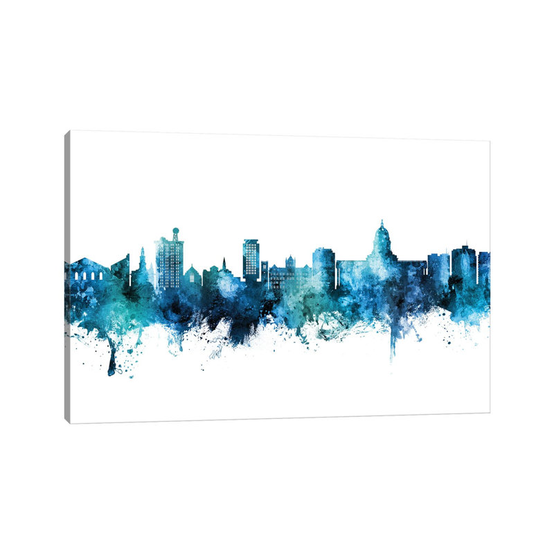 Madison Ii Wisconsin Skyline Blue Teal by Michael Tompsett - Wrapped Canvas Print, 20.32 cm H x 30.48 cm W