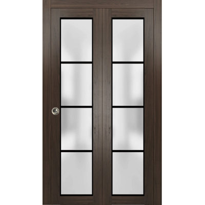 Sliding Closet Bi-fold Doors 84 x 96 in (2x 42x96) Planum 2132 Chocolate Ash with Frosted Glass Sturdy Tracks Moldings Trims Hardware Set Wood Solid Bedroom Wardrobe Doors
