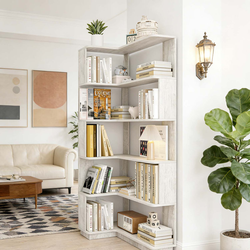 5-Tier L-Shaped Corner Bookshelf for Home and Office, Light Gray