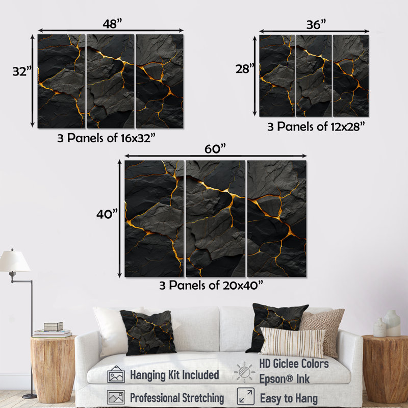 «Volcano Volcanic Veins II», ensemble d'art mural volcanique, Toile tendue, H 40 po x l 60 po x P 1 po