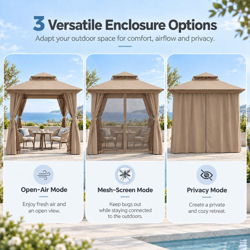 8 x 8 Ft Soft Top Patio Gazebo with 2-Tier Roof, Mesh Netting and Privacy Curtains, Galvanized Steel Outdoor Canopy for Backyard Deck and Garden